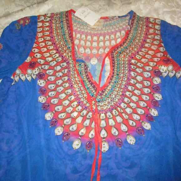 NEW  ASA Kaftans Sheer Tassled Top Royal Blue M - Picture 2 of 6